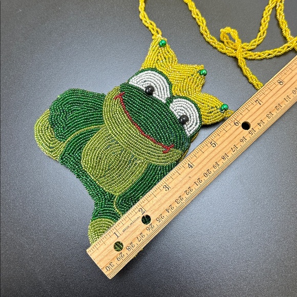 Vtg Prince King Happy Beaded Frog Small Change Zip Purse Crossbody Gold Crown - Picture 9 of 11